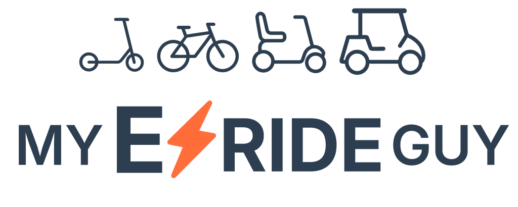 Logo of My ERide Guy featuring icons of a scooter, bicycle, mobility scooter, and e-scooter, emphasizing repair services for mobility solutions.